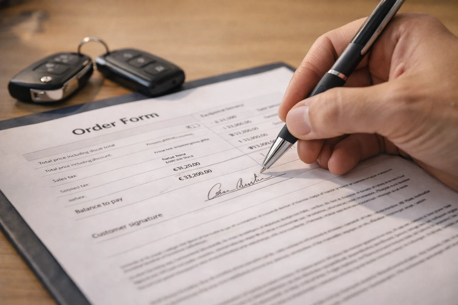 Signature contrat achat voiture neuve concessionnaire stylo