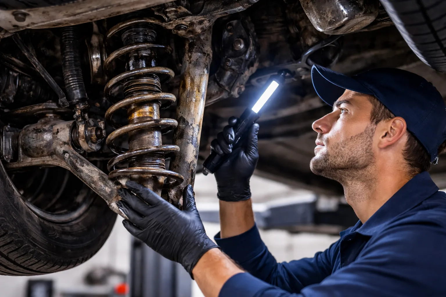Amortisseurs usés inspection dessous voiture pont élévateur