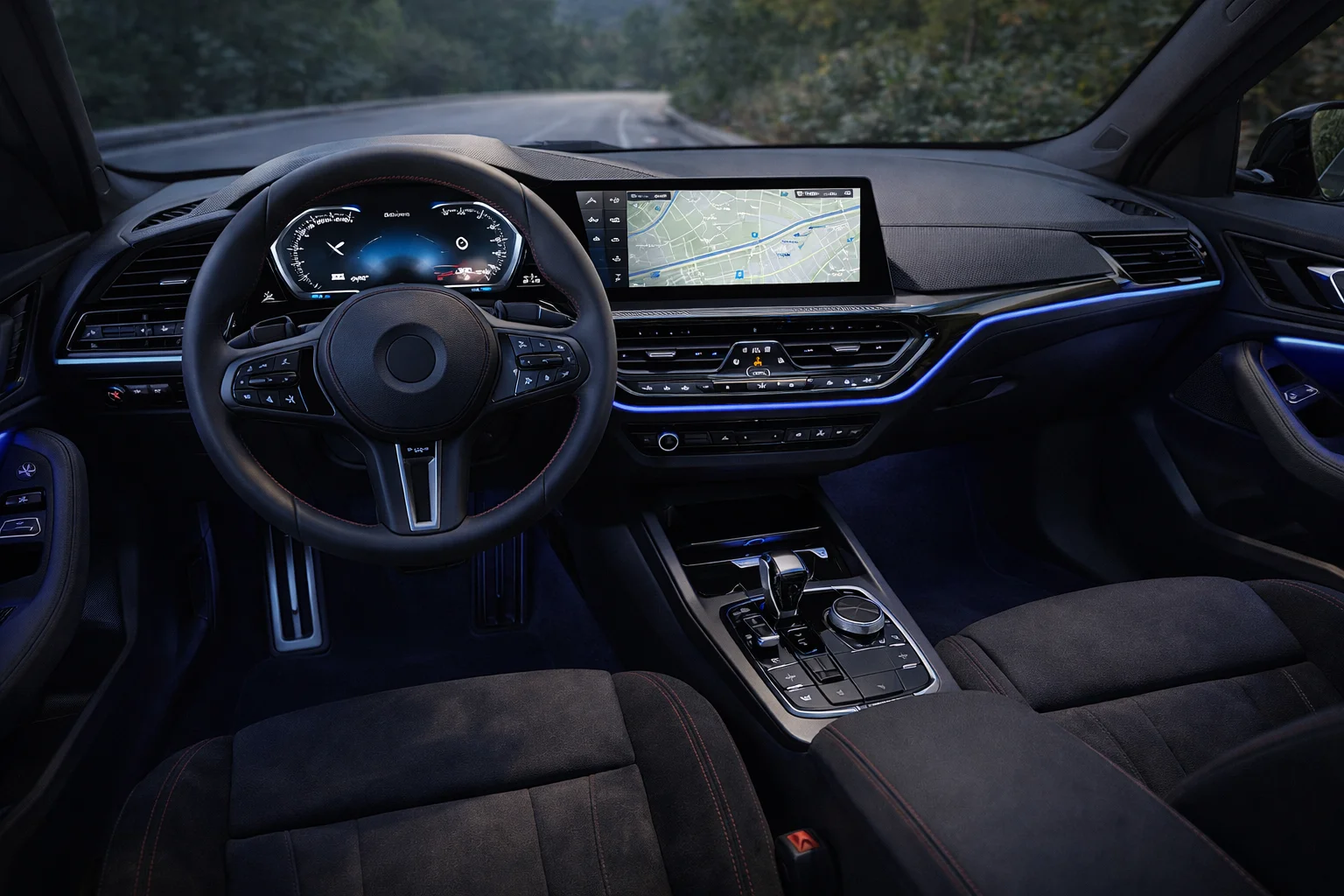 Intérieur BMW Série 1 2026 — Curved Display, volant sport, sellerie noire et coutures rouges