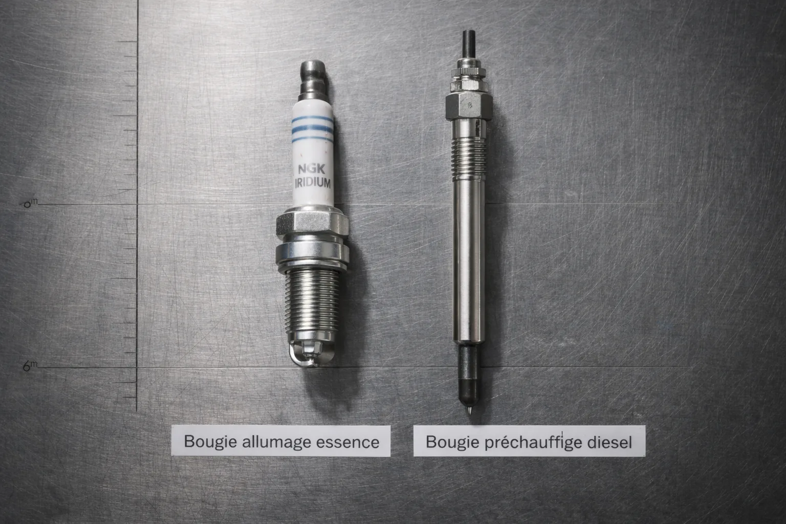 Comparatif bougie d'allumage essence NGK Iridium et bougie de préchauffage diesel côte à côte