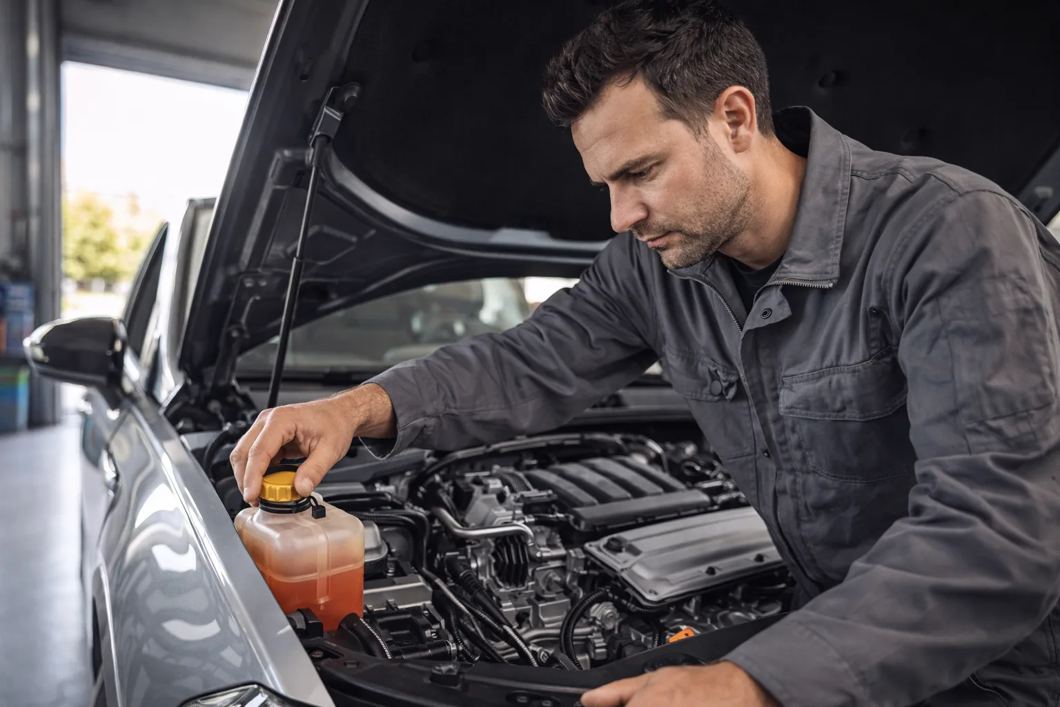 Mécanicien en train d'ouvrir le capot d'une voiture et vérifier le bouchon du vase d'expansion, garage propre, lumière naturelle