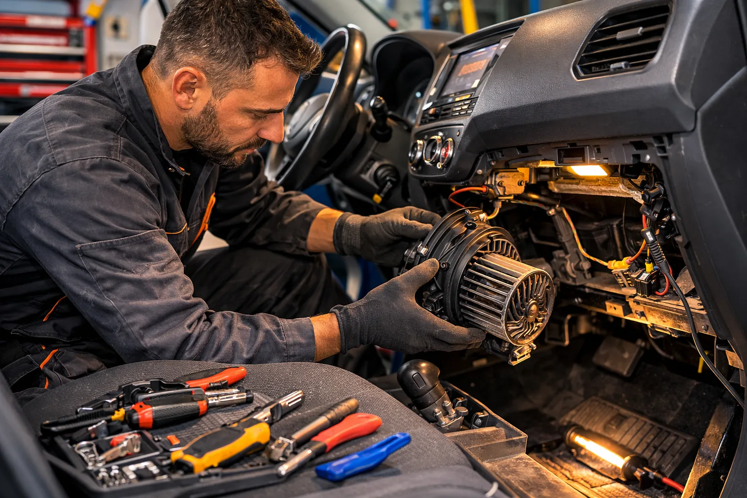 Garagiste en combinaison grise remplaçant un composant sous le tableau de bord d'une voiture, intérieur de garage professionnel
