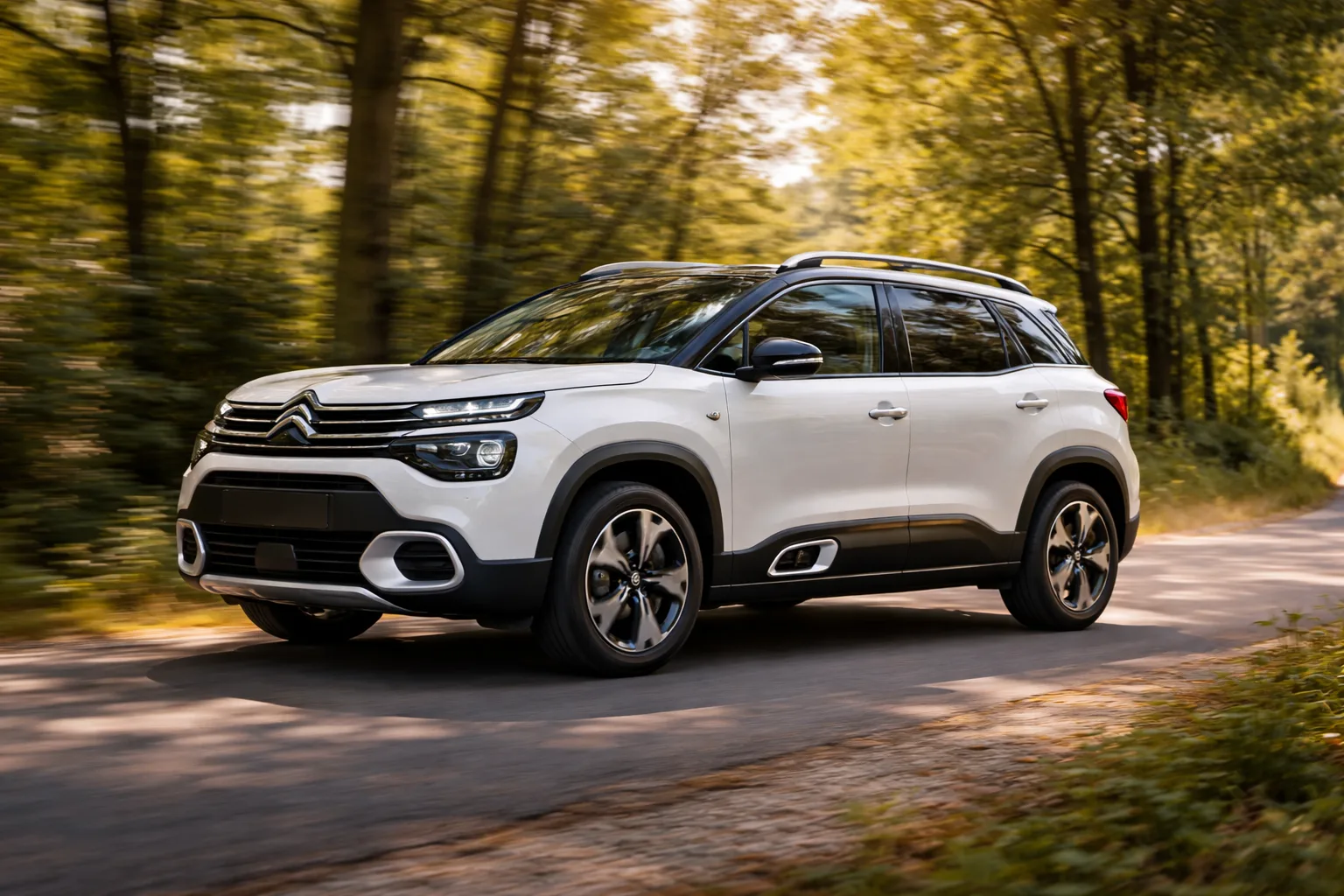 Citroën C3 Aircross 2026 en mouvement route de campagne blanche