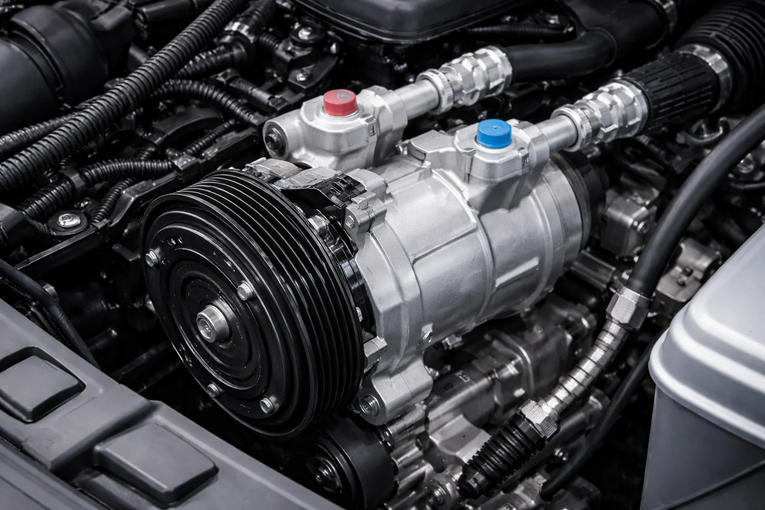 Compresseur climatisation voiture sous capot moteur