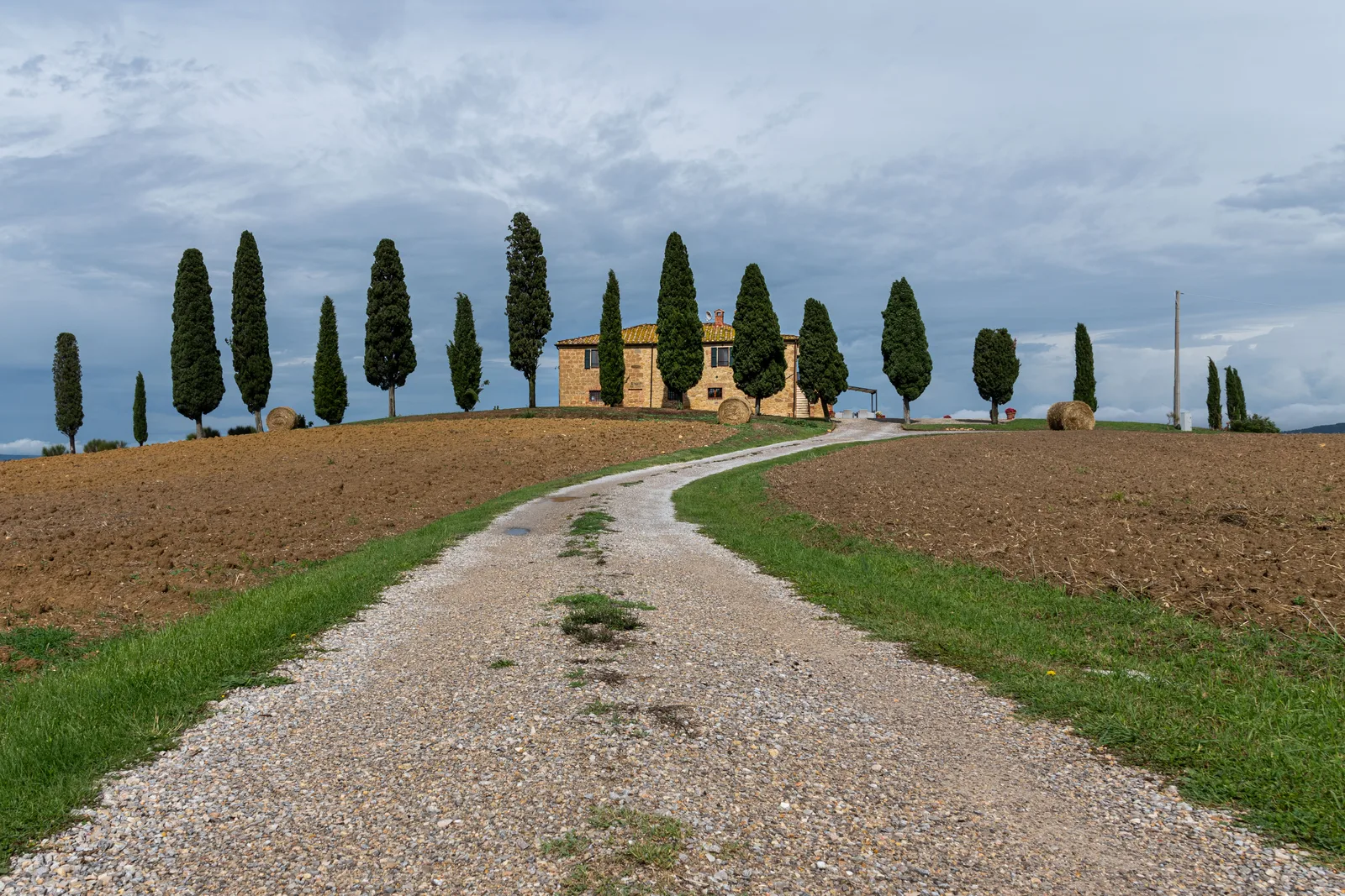 Route de campagne toscane bordée de cyprès typique du paysage routier italien
