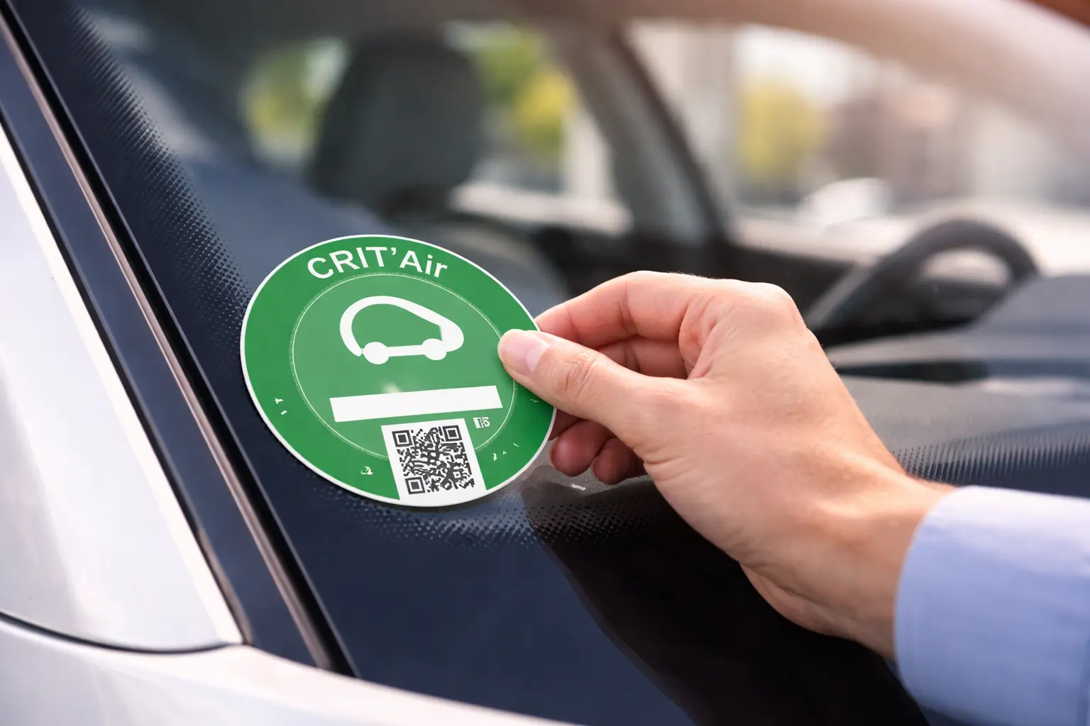Position de la vignette Crit'Air sur le pare-brise — coin inférieur gauche côté conducteur