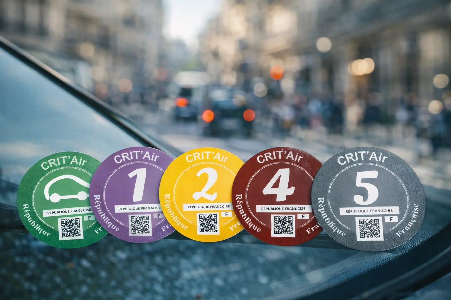 Vignettes Crit'Air colorées collées sur un pare-brise de voiture — catégories 0 à 5