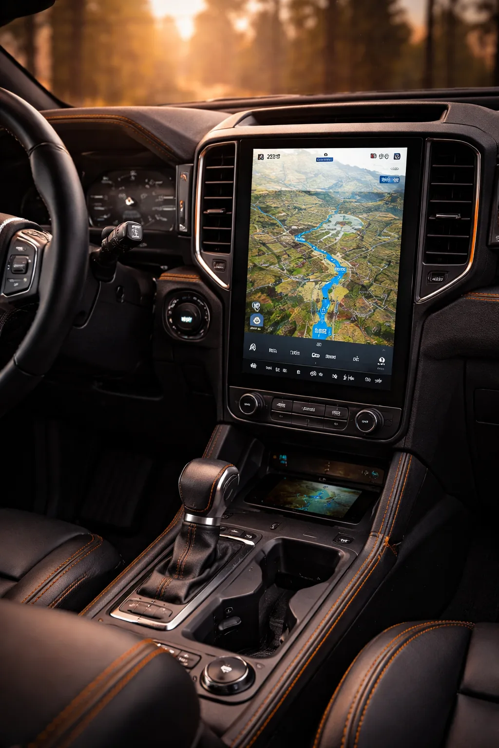 Intérieur du Ford Ranger 2026, vue conducteur sur le grand écran SYNC 4 de 12 pouces avec navigation, tableau de bord sombre et éclairage ambiant orange