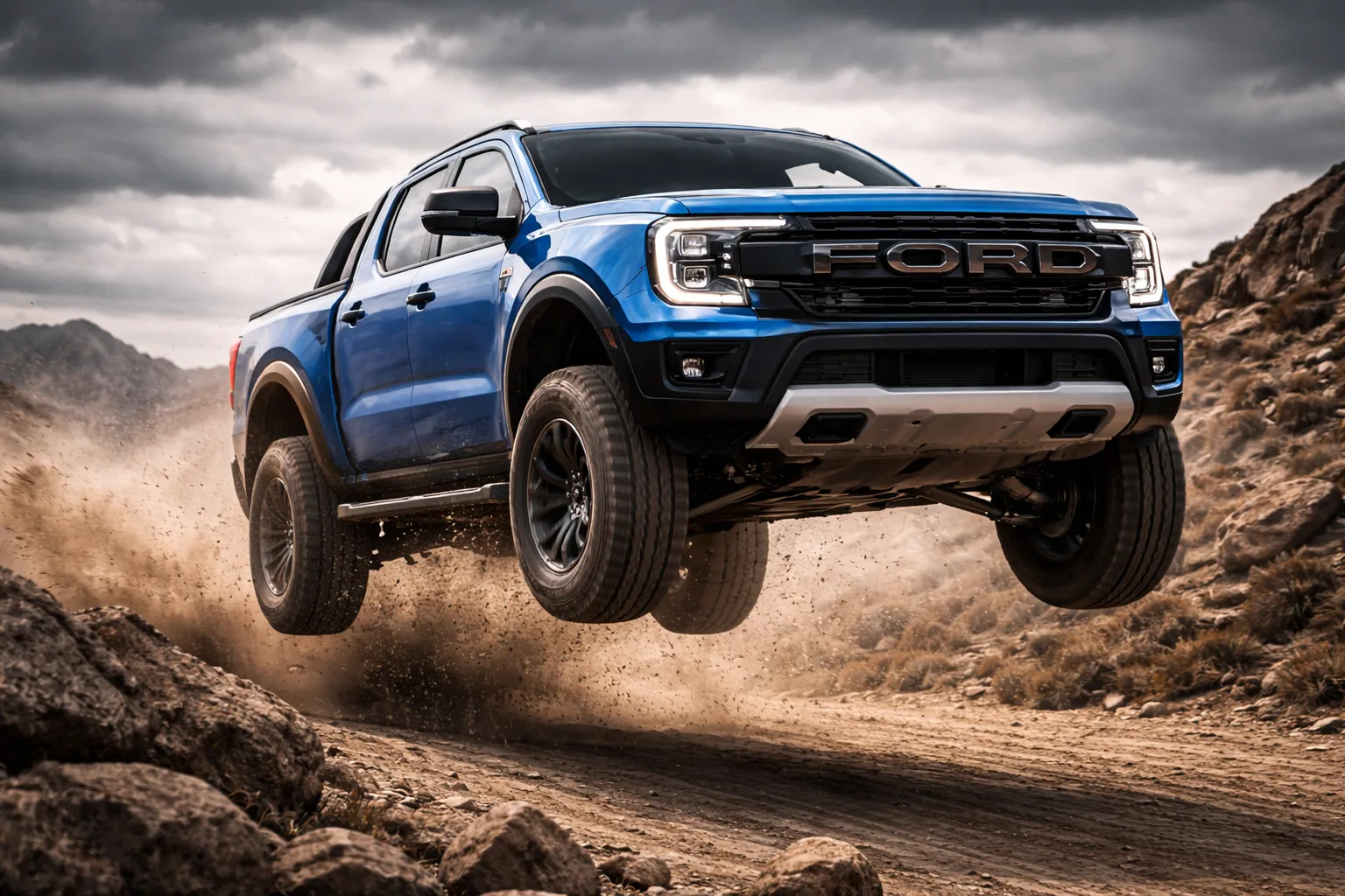 Ford Ranger Raptor 2026 en Bleu Performance, saut spectaculaire au-dessus d'un terrain rocheux, nuage de poussière, suspensions Fox en pleine course