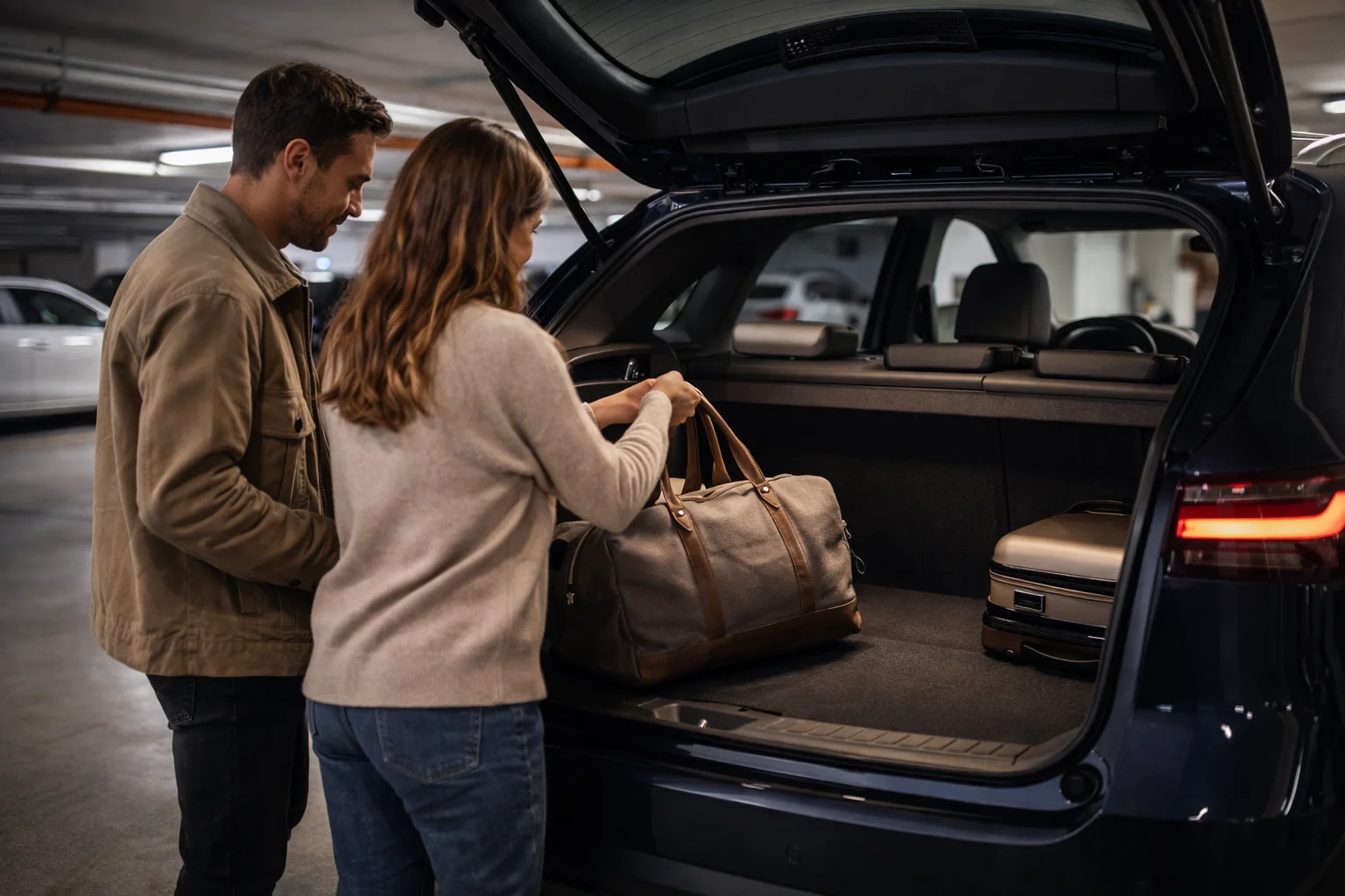 Couple chargeant un sac de voyage dans le coffre d'un Honda HR-V