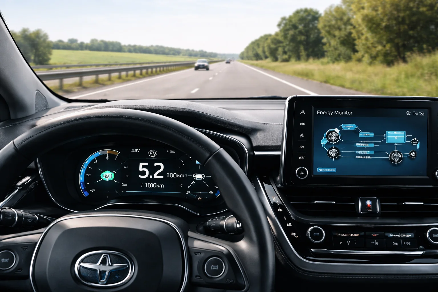 Tableau de bord d'une hybride sur autoroute montrant la consommation mixte électrique et thermique
