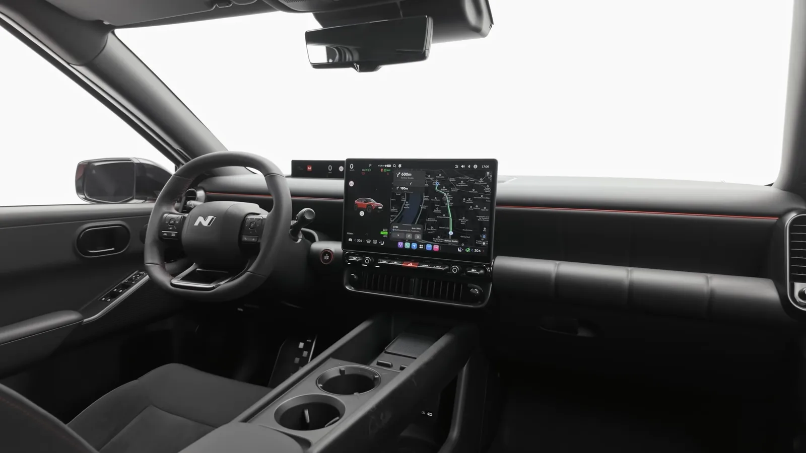 Planche de bord de la Hyundai Ioniq 3 N Line avec volant N, grand écran tactile central de 14,6 pouces et console flottante