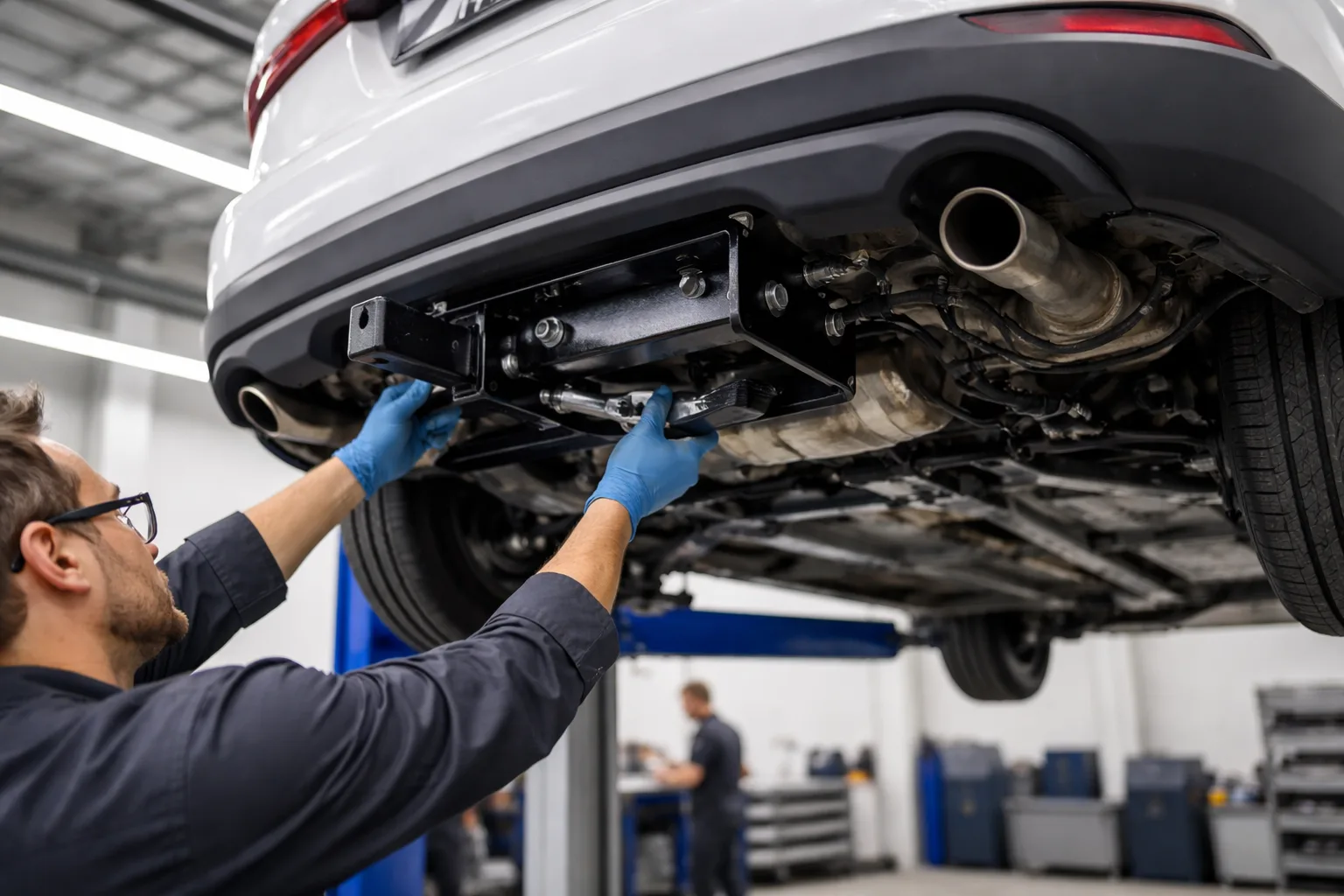 Mécanicien en bleu de travail installant un attelage sous une voiture sur pont élévateur