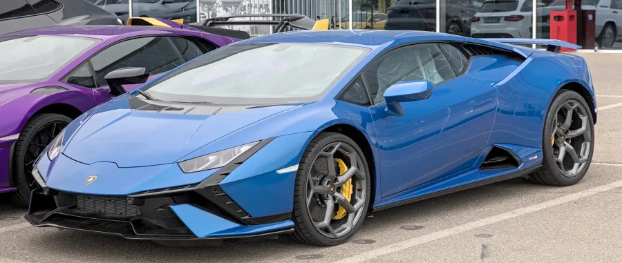 Lamborghini Huracán Tecnica occasion 2026 vue de profil V10 atmosphérique bleu métallisé