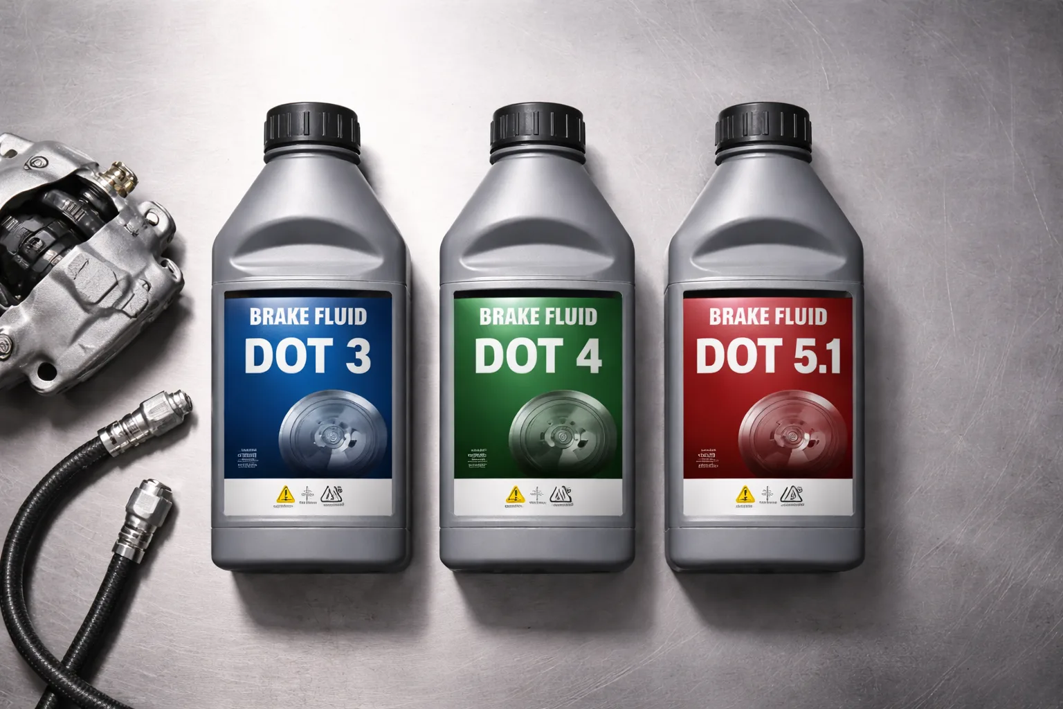 Flacons DOT 3, DOT 4 et DOT 5.1 comparatif sur établi d'atelier