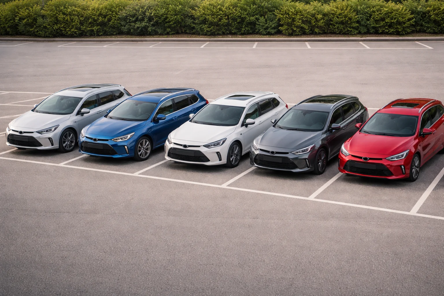 Cinq breaks hybrides différents côte à côte dans un parking, vue de face comparative