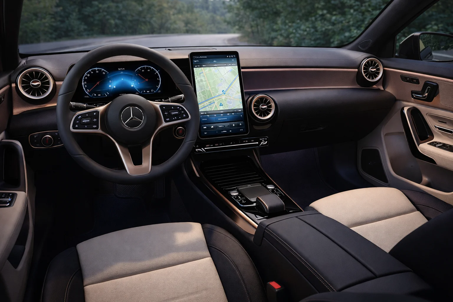 Intérieur Mercedes Classe A 2026 — MBUX widescreen, sièges beige, accents or rose