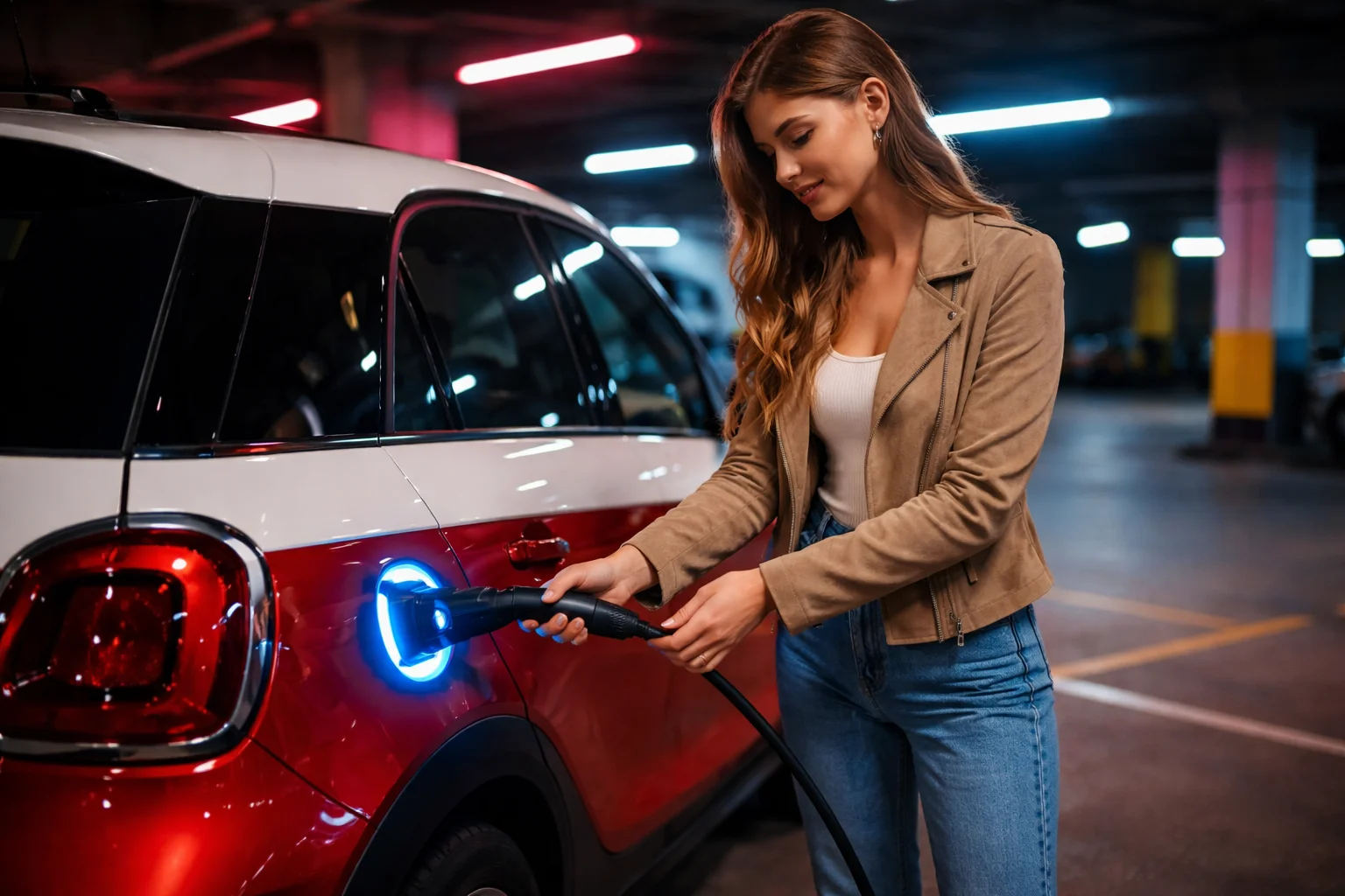 Mini Cooper électrique 2026 en cours de recharge dans un parking souterrain