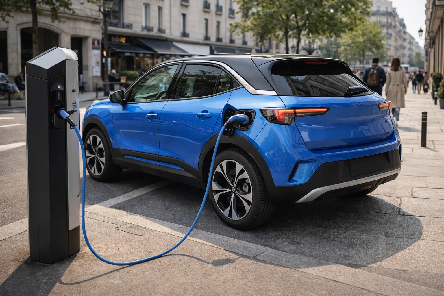 Opel Mokka-e 2026 branché à une borne de recharge urbaine