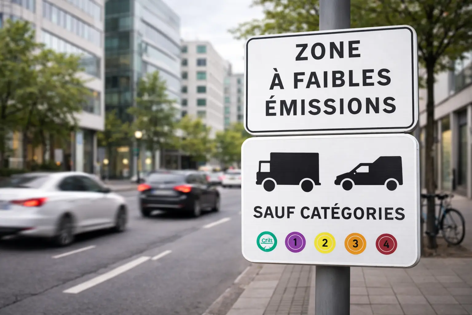 Panneau de Zone à Faibles Émissions dans une rue française en 2026 — contrôle Crit'Air