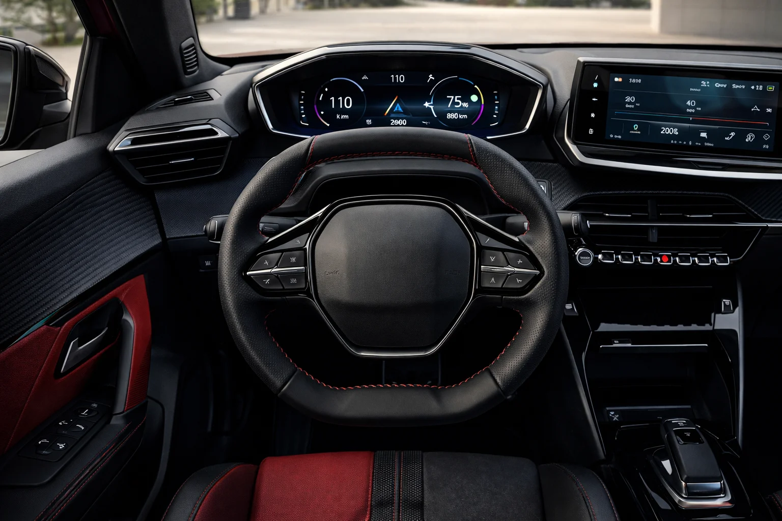 Intérieur Peugeot e-208 2026 — i-Cockpit 3D, volant sport, sellerie rouge et anthracite