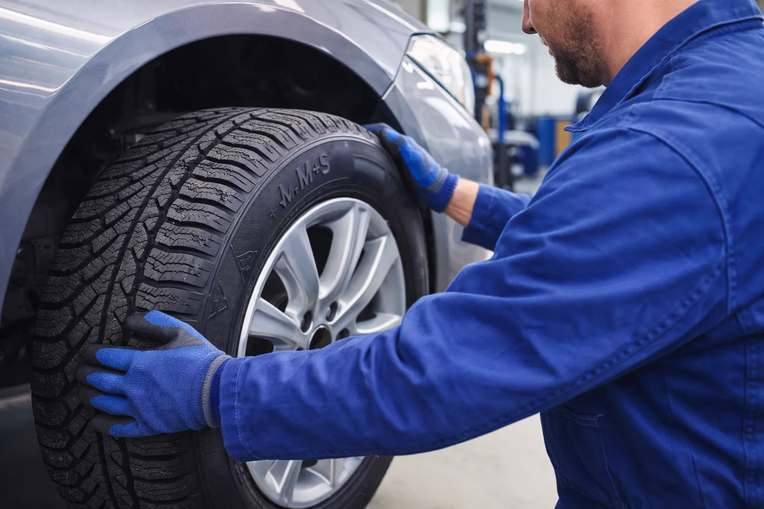 Mécanicien en combinaison bleue montant un pneu hiver sur une voiture dans un garage éclairé
