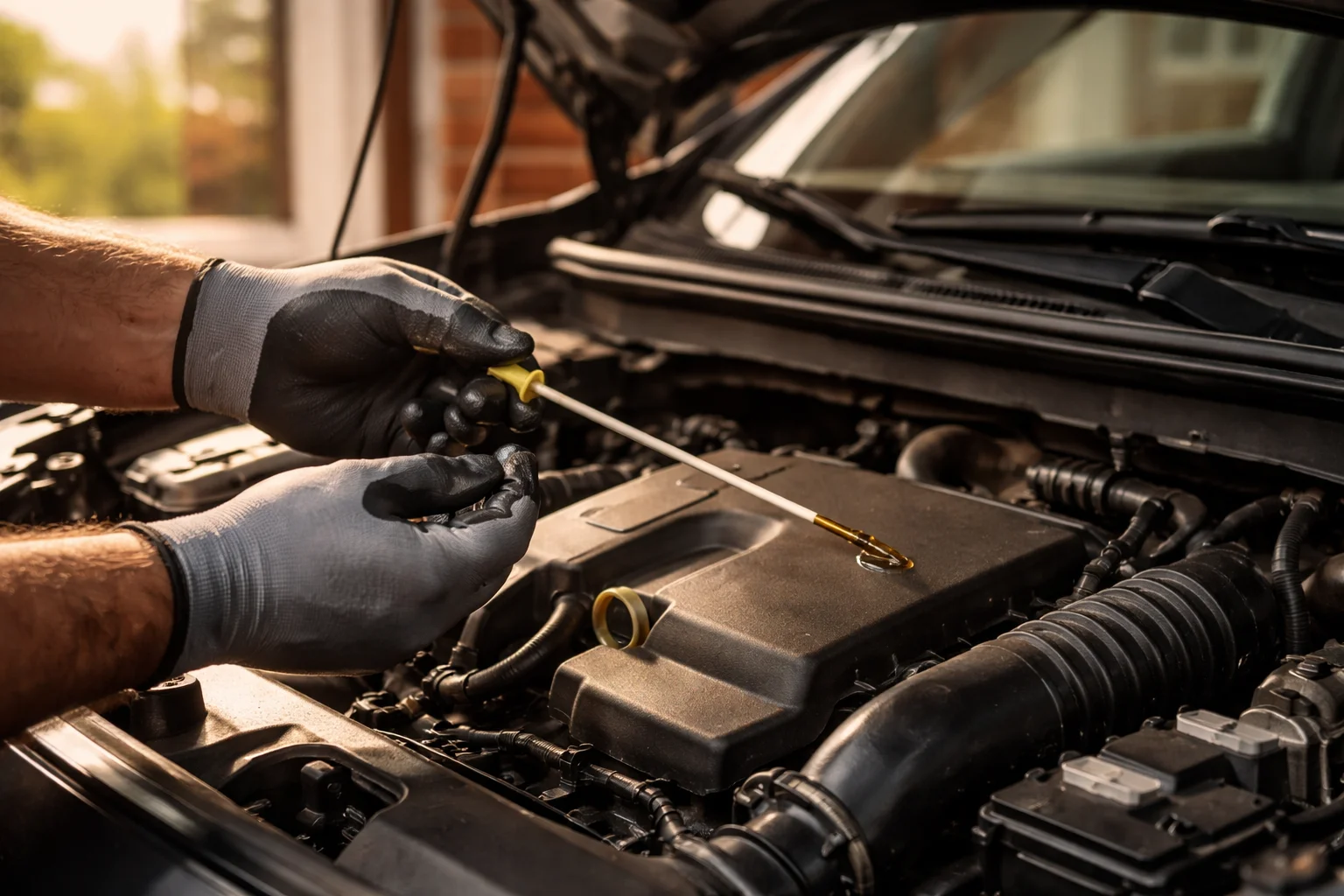 Vérification du niveau d'huile moteur à la jauge dans le garage