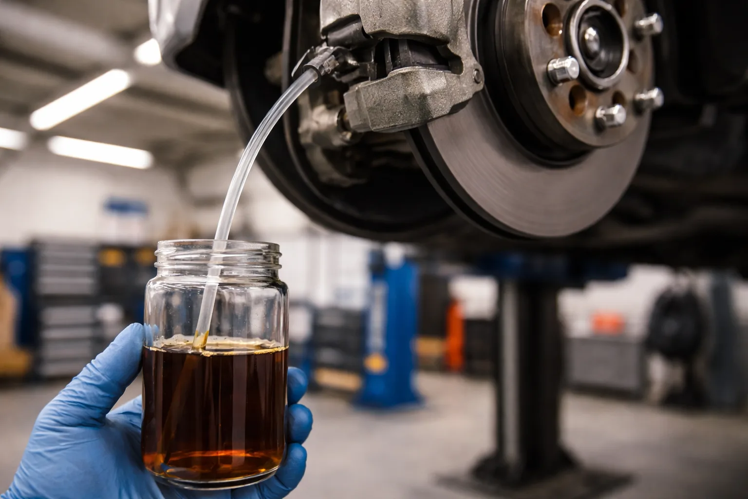 Purge des freins — liquide de frein ancien s'écoulant d'un étrier dans un atelier professionnel