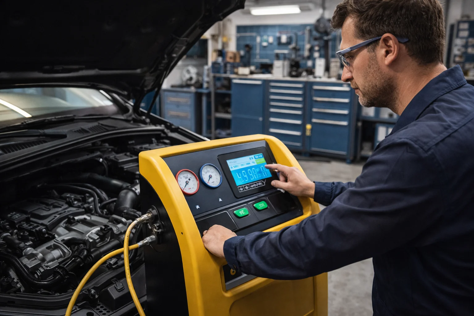 Technicien recharge climatisation voiture station garage spécialisé