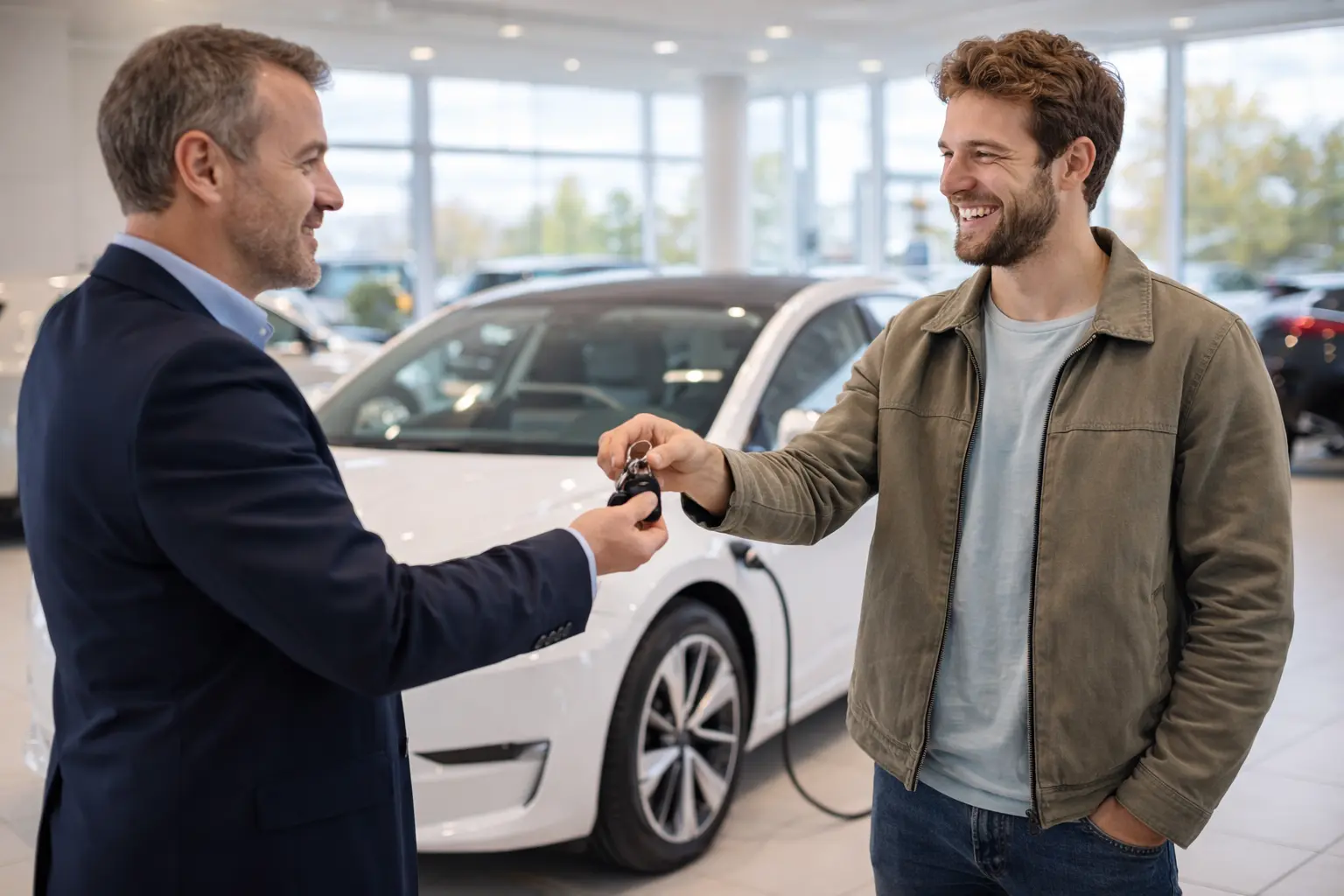 Remise des clés d'une voiture électrique neuve chez un concessionnaire — prime à la conversion utilisée