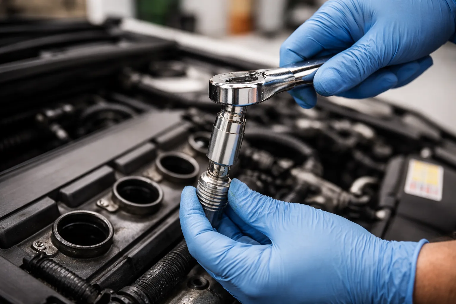 Mécanicien retirant une bougie d'allumage avec une clé à bougie dans un compartiment moteur