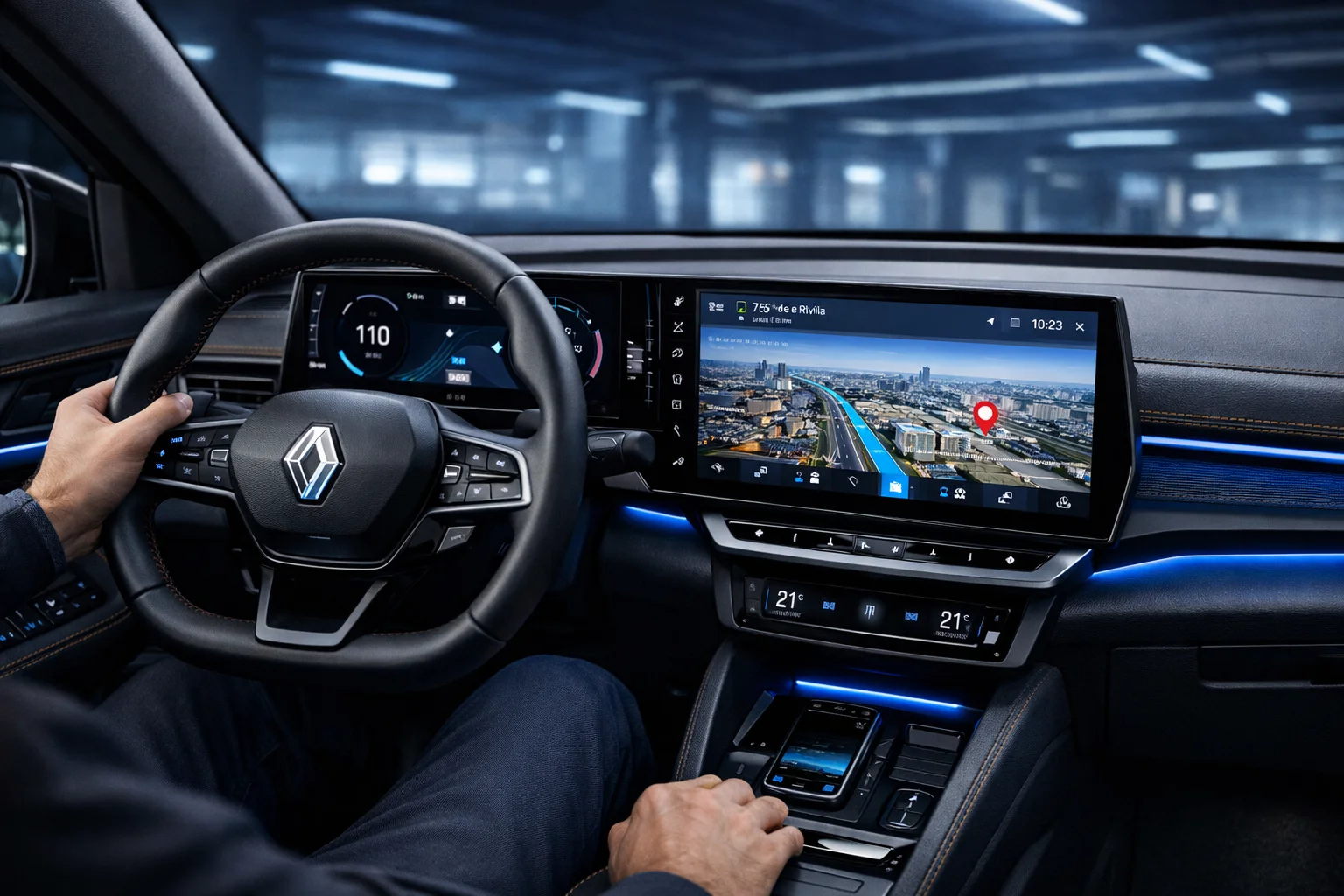 Intérieur Mégane E-Tech 2026 — écran OpenR 12 pouces, ambiance cuir anthracite avec coutures cuivre