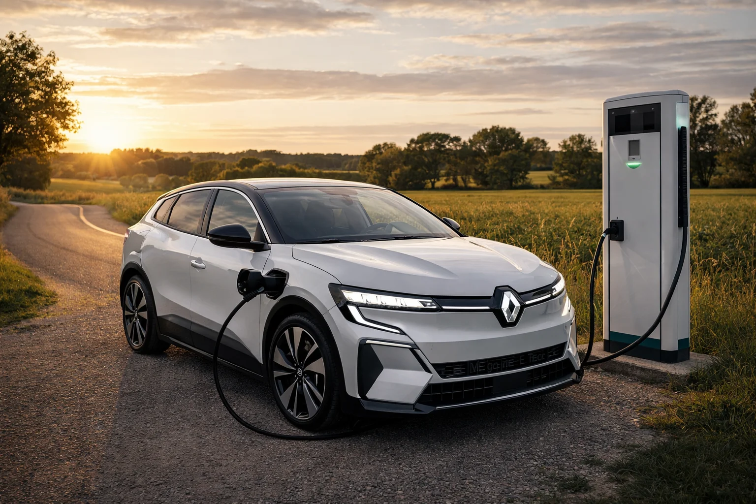 Renault Mégane E-Tech 2026 branchée à une borne rapide en campagne française, soleil couchant