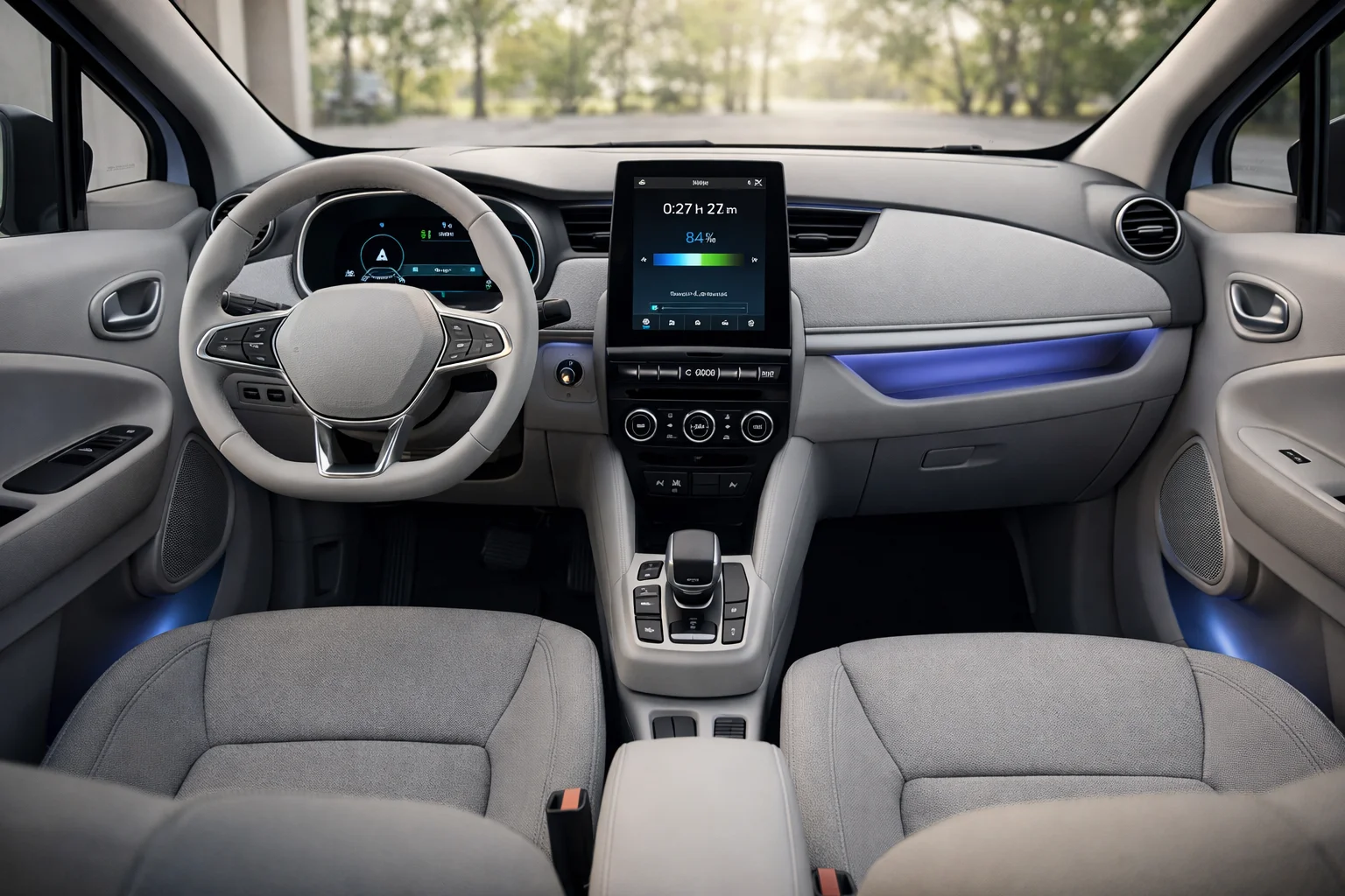 Intérieur Renault Zoé 2026 — écran portrait, sellerie grise, lumières bleues de porte