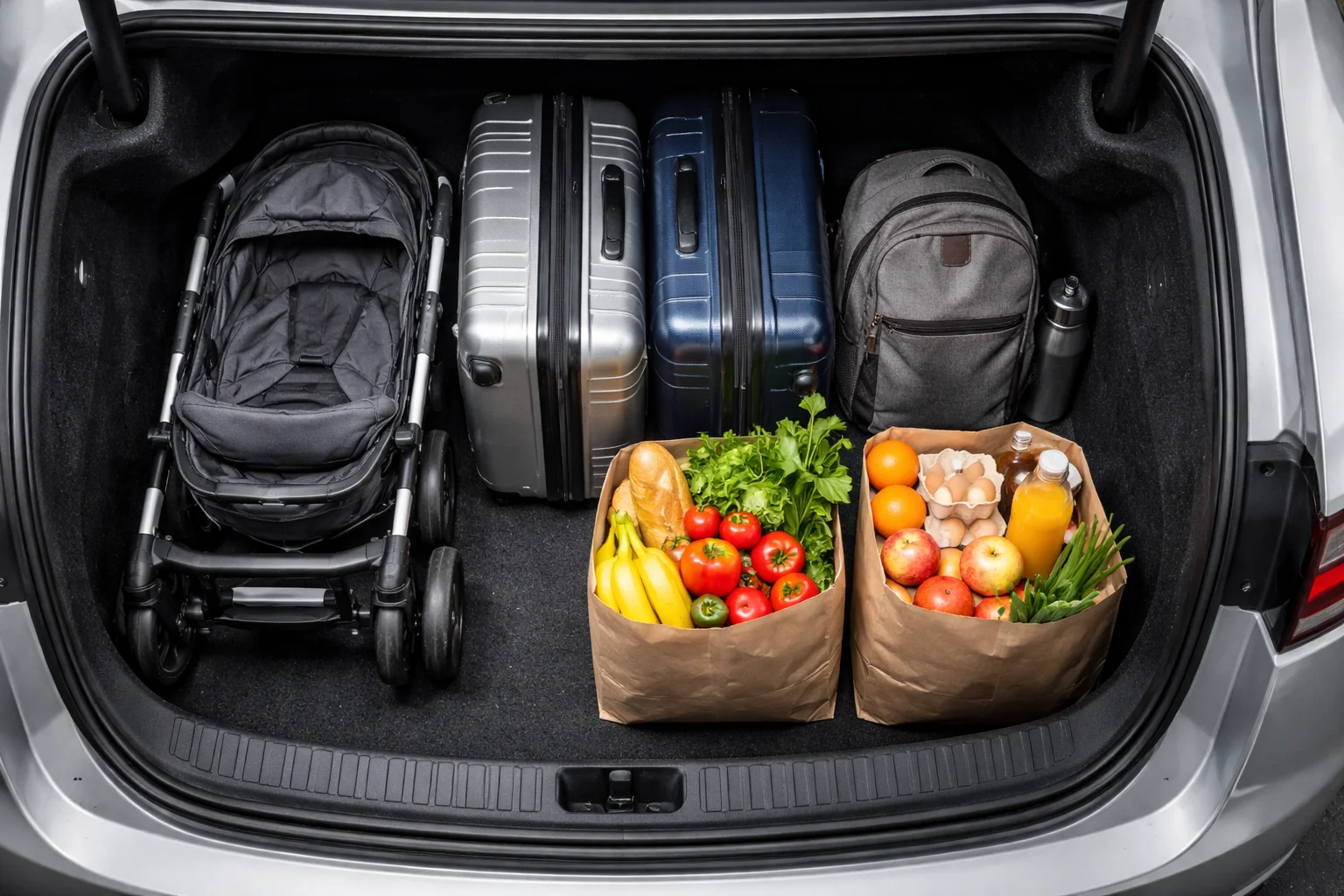 Coffre de l'Octavia 2026 chargé pour un voyage en famille