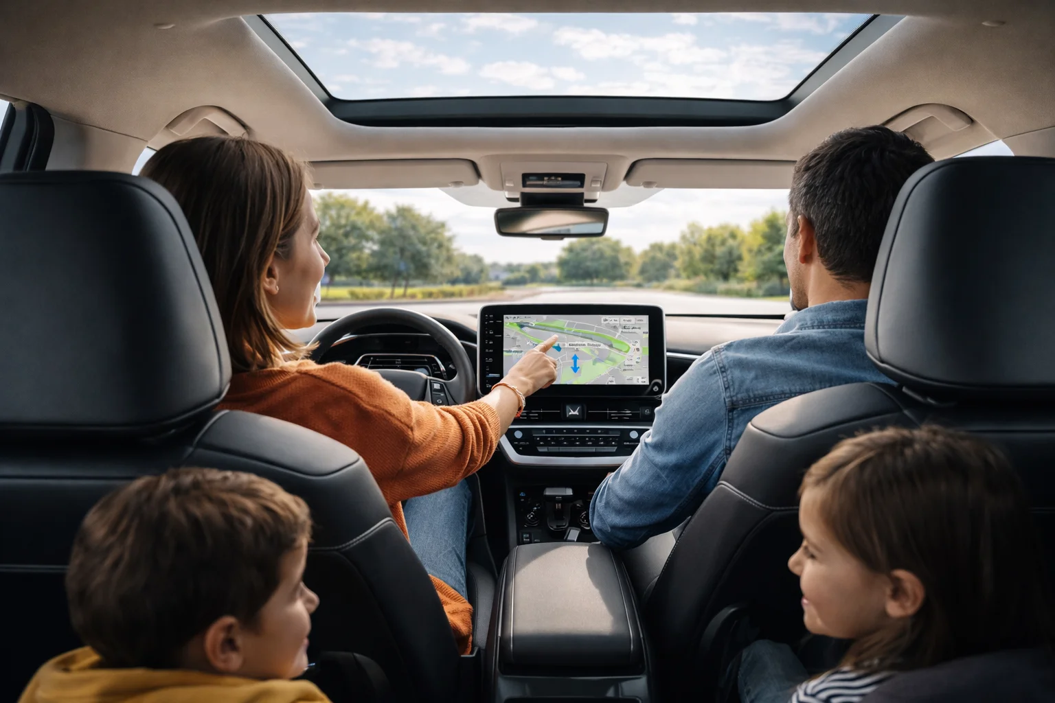 Intérieur d'un SUV électrique familial avec enfants à l'arrière, écran tactile et toit panoramique