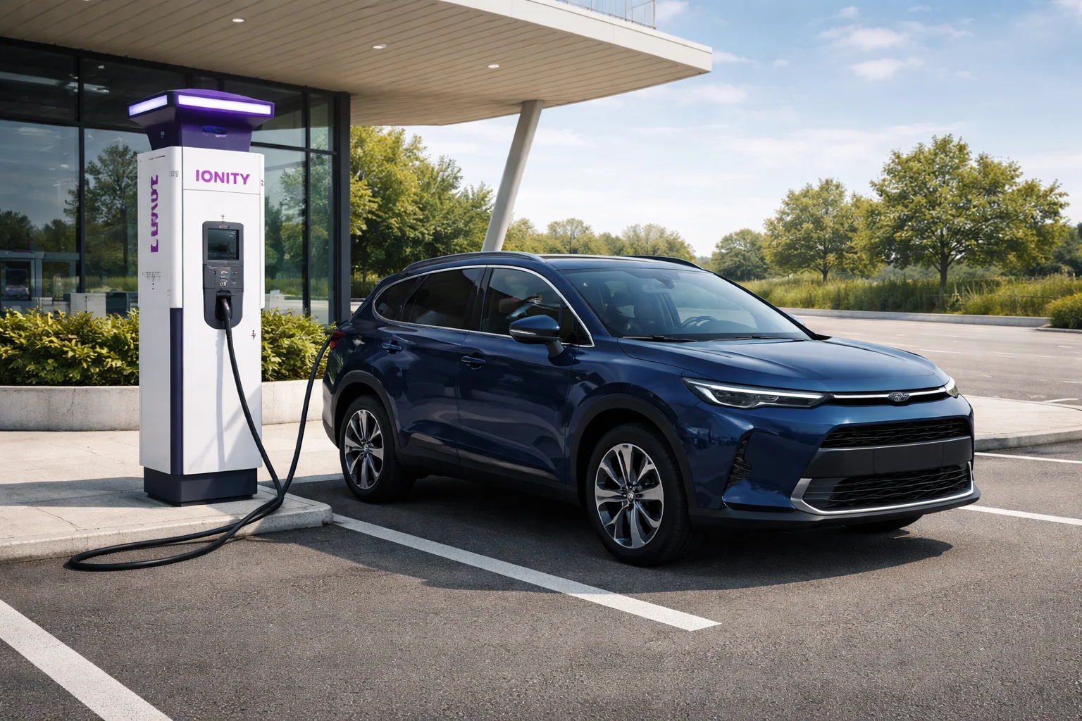 SUV électrique bleu branché sur une borne Ionity rapide sur une aire d'autoroute française