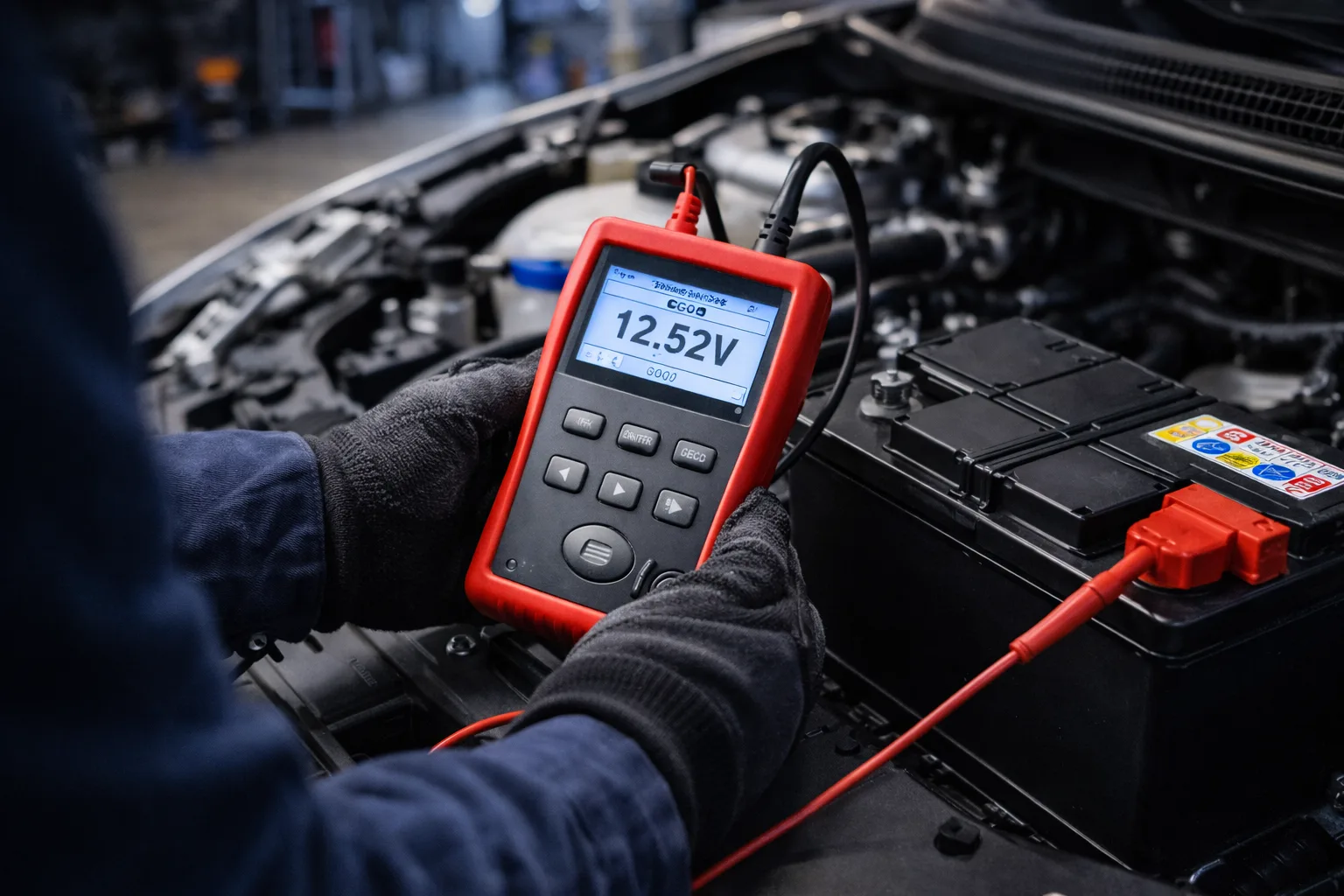 Test batterie voiture multimètre professionnel atelier garage diagnostic électronique