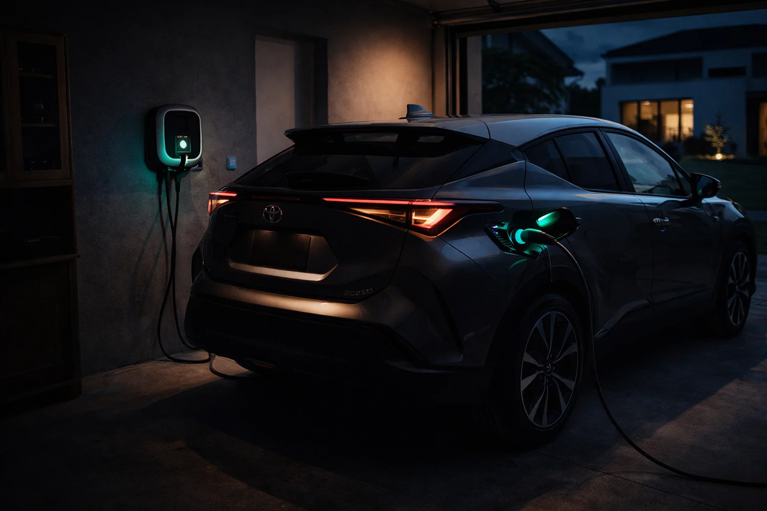 Toyota C-HR 2026 en recharge sur wallbox à domicile, ambiance soirée