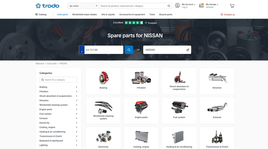 Catalogue de pièces détachées Nissan sur Trodo.fr, avec recherche par catégorie et compatibilité véhicule