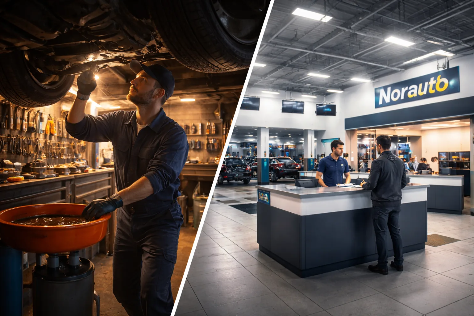 Comparatif visuel entre un garage indépendant chaleureux et un centre auto moderne de chaîne nationale, deux ambiances, deux tarifications