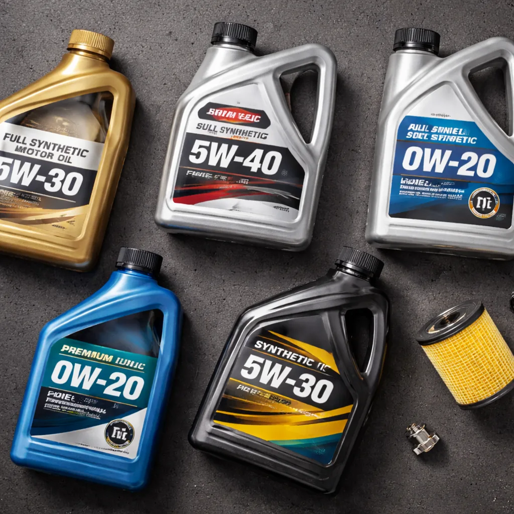 Plusieurs bidons d'huile moteur de différentes marques et viscosités (5W-30, 5W-40) avec filtre à huile neuf et bouchon de vidange