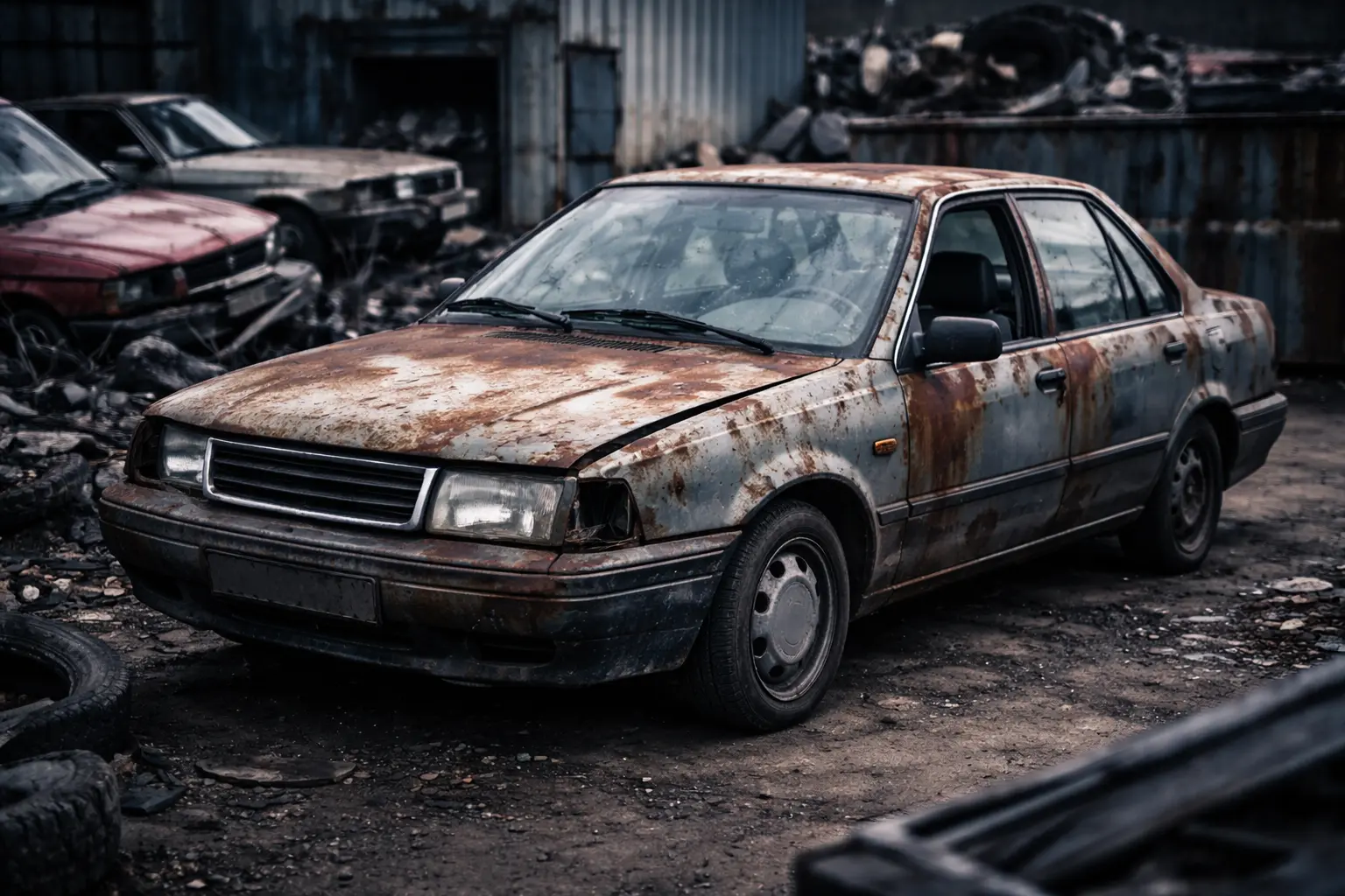 Vieille voiture diesel amenée en centre VHU pour destruction — condition prime à la conversion 2026