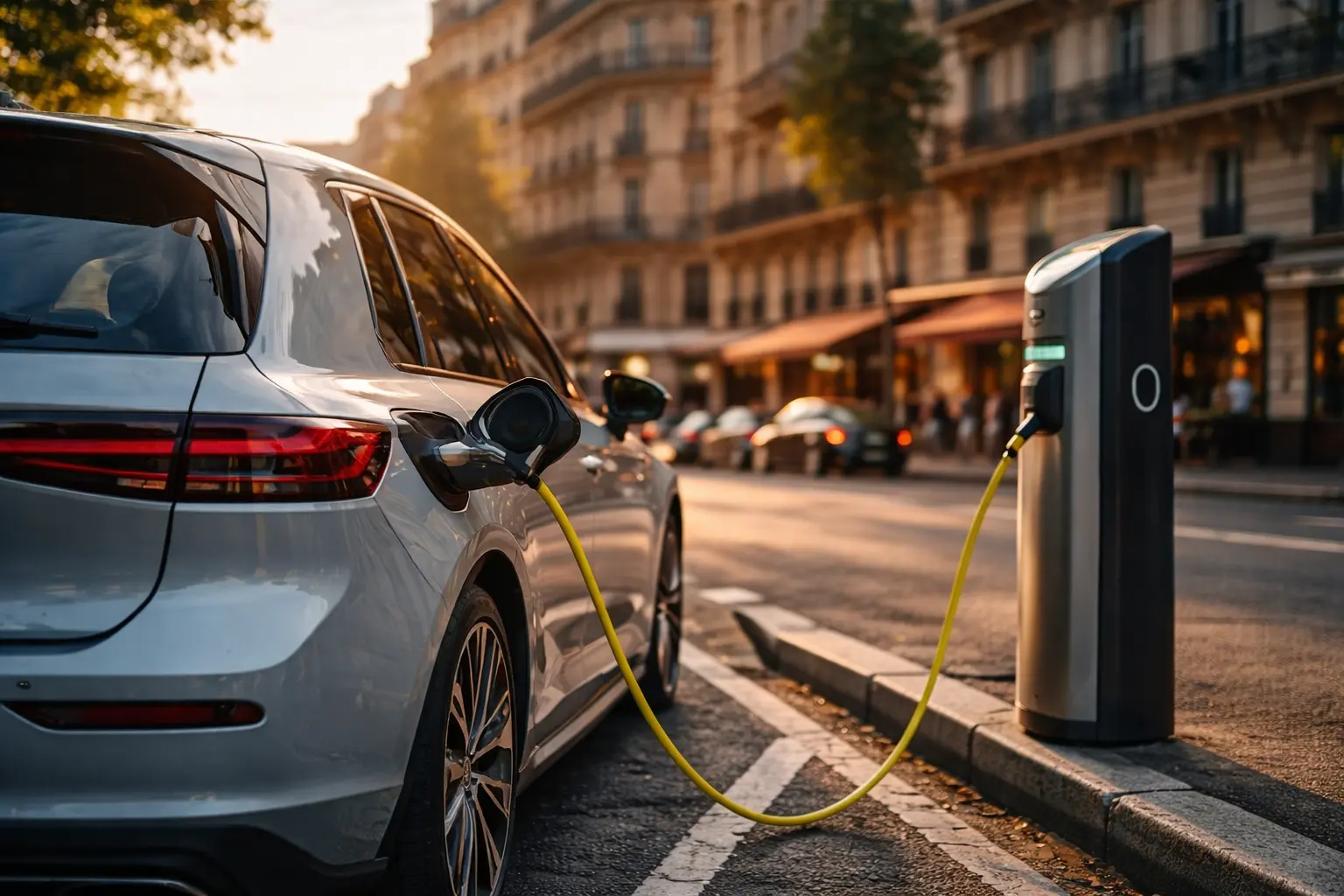 Voiture électrique en charge dans une ville française — solution ZFE