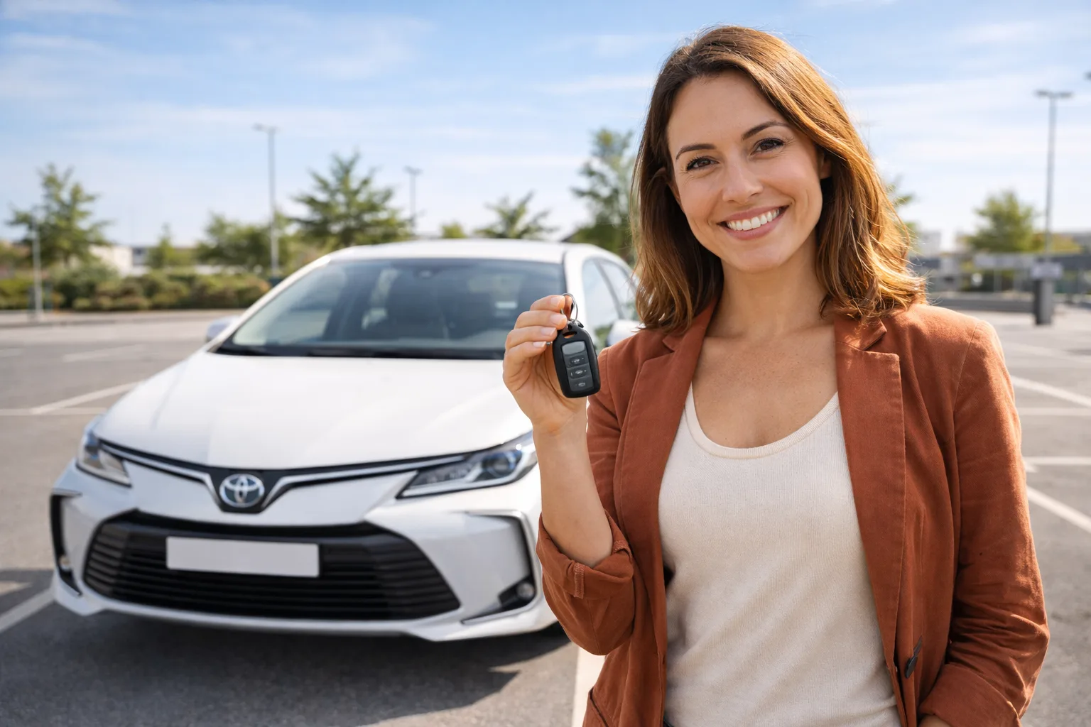 Femme souriante tenant des clés de voiture devant une Toyota hybride blanche dans un parking ensoleillé