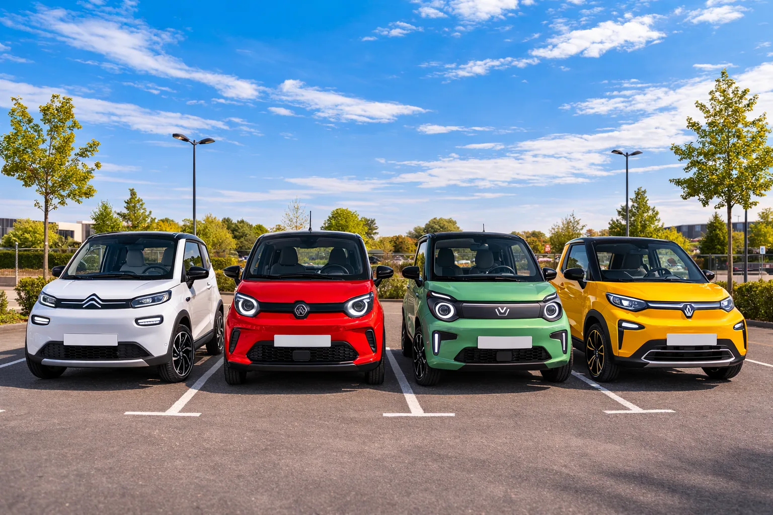 Quatre modèles de voitures sans permis électriques côte à côte dans un parking, couleurs vives, vue de face