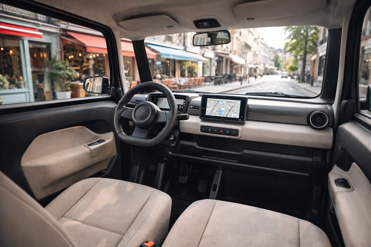 Tableau de bord intérieur d'une voiture sans permis électrique moderne avec écran tactile et sièges beige